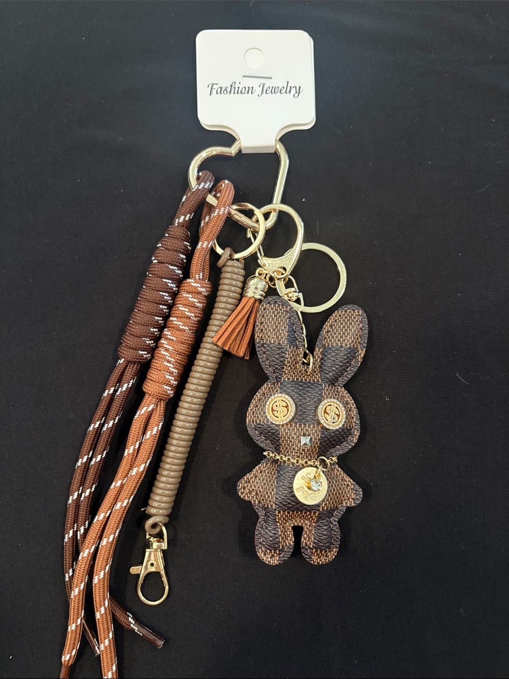 Fashion Canvas Bunny Bag Charm Keychain in Brown and Gold